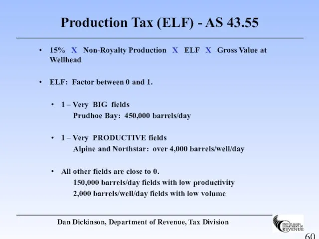 Production Tax (ELF) - AS 43.55 15% X Non-Royalty Production X ELF