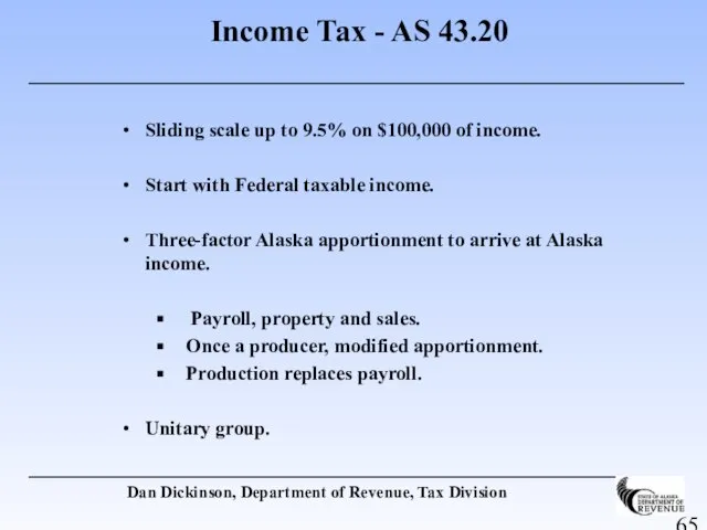 Income Tax - AS 43.20 Sliding scale up to 9.5% on $100,000