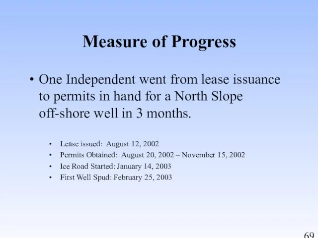 Measure of Progress One Independent went from lease issuance to permits in