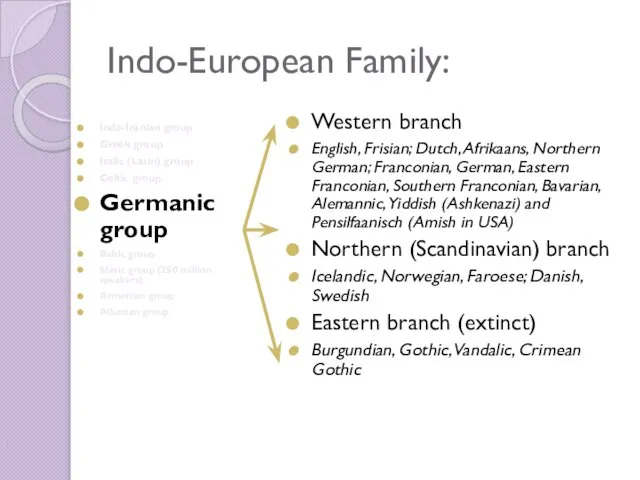 Indo-European Family: Indo-Iranian group Greek group Italic (Latin) group Celtic group Germanic