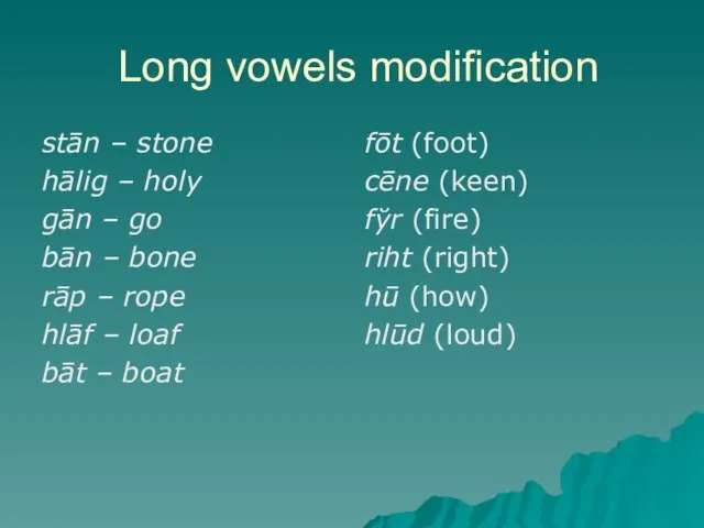 Long vowels modification stān – stone hālig – holy gān – go