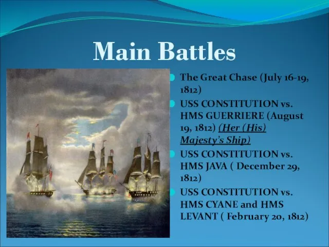 Main Battles The Great Chase (July 16-19, 1812) USS CONSTITUTION vs. HMS