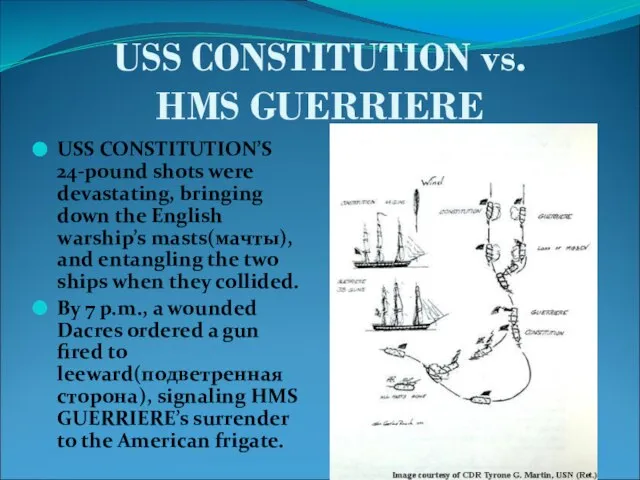 USS CONSTITUTION vs. HMS GUERRIERE USS CONSTITUTION’S 24-pound shots were devastating, bringing