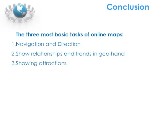 Conclusion The three most basic tasks of online maps: Navigation and Direction