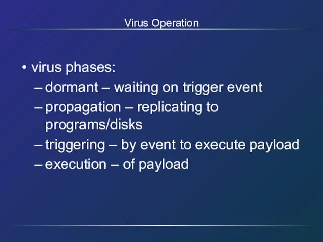 Virus Operation virus phases: dormant – waiting on trigger event propagation –