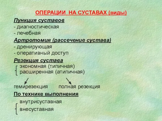 ОПЕРАЦИИ НА СУСТАВАХ (виды) Пункция суставов - диагностическая - лечебная Артротомия (рассечение