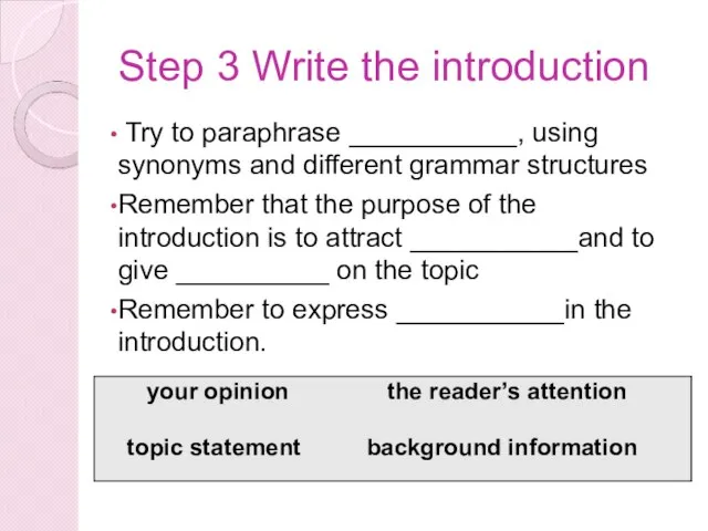 Step 3 Write the introduction Try to paraphrase ___________, using synonyms and