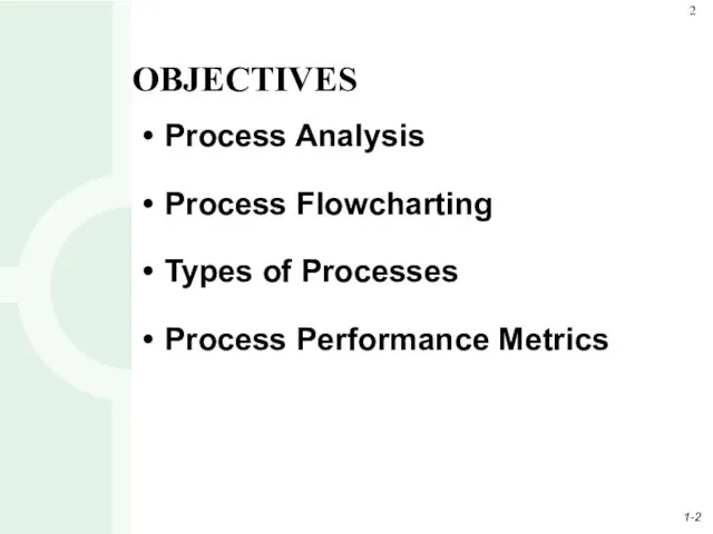 Process Analysis Process Flowcharting Types of Processes Process Performance Metrics OBJECTIVES