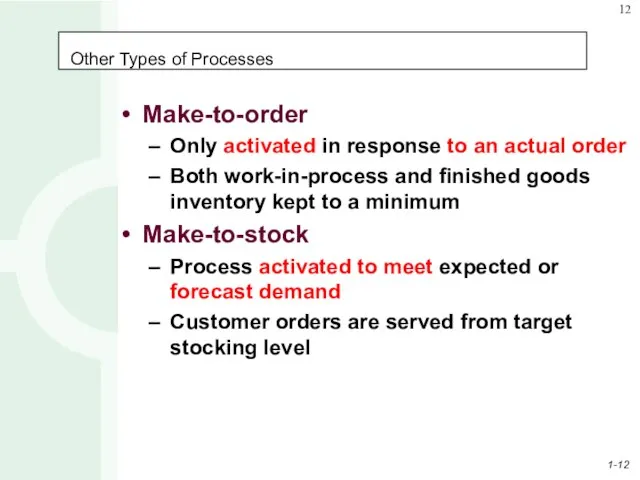 Other Types of Processes Make-to-order Only activated in response to an actual