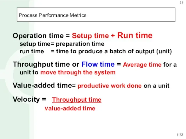 Process Performance Metrics Operation time = Setup time + Run time setup