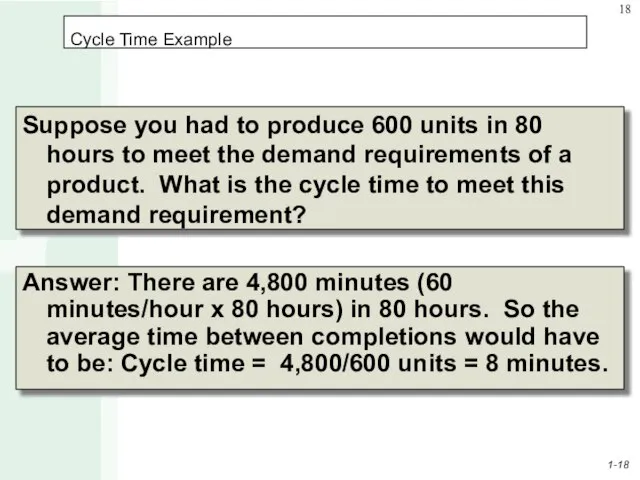 Cycle Time Example Suppose you had to produce 600 units in 80