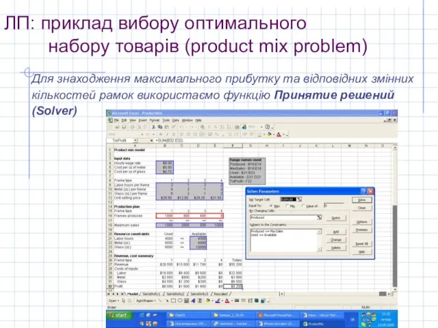 ЛП: приклад вибору оптимального набору товарів (product mix problem) Для знаходження максимального