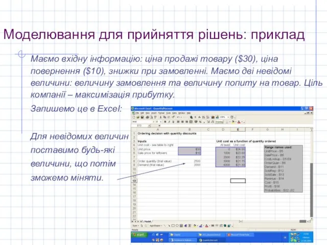 Моделювання для прийняття рішень: приклад Маємо вхідну інформацію: ціна продажі товару ($30),
