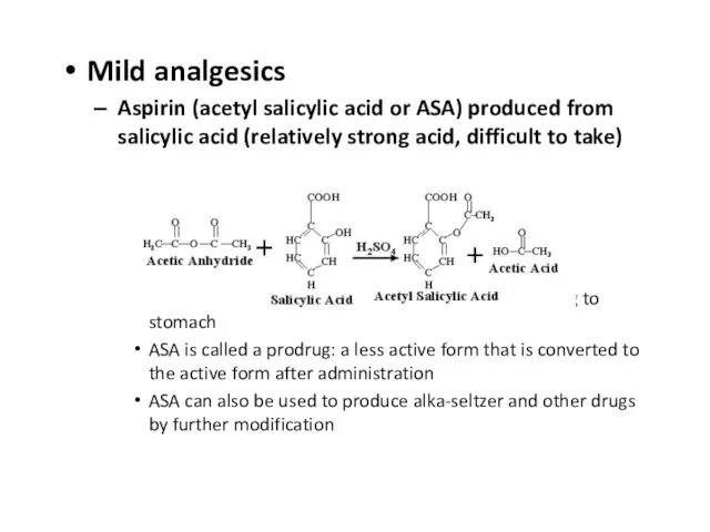 Mild analgesics Aspirin (acetyl salicylic acid or ASA) produced from salicylic acid