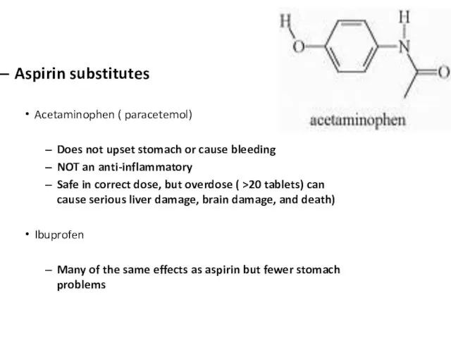 Aspirin substitutes Acetaminophen ( paracetemol) Does not upset stomach or cause bleeding