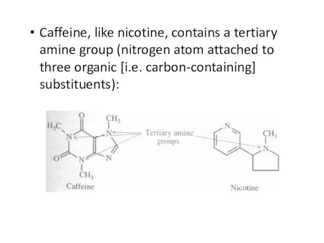 Caffeine, like nicotine, contains a tertiary amine group (nitrogen atom attached to