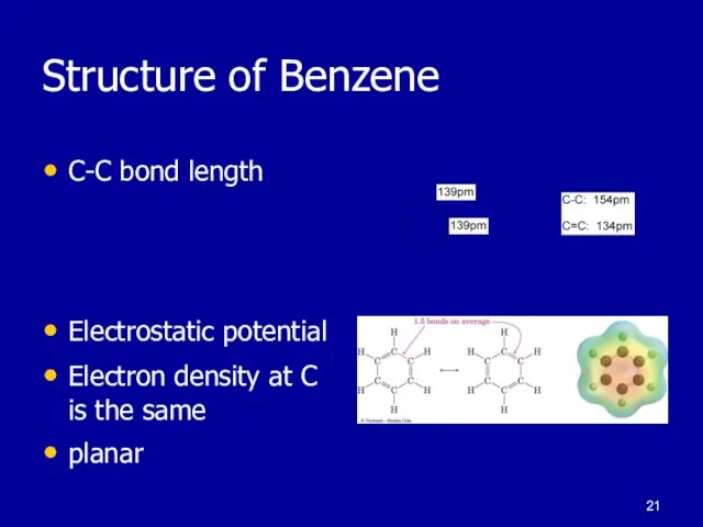 Structure of Benzene C-C bond length Electrostatic potential Electron density at C is the same planar