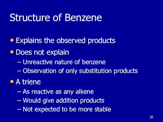 Structure of Benzene Explains the observed products Does not explain Unreactive nature