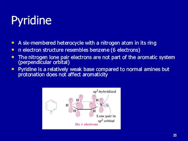 Pyridine A six-membered heterocycle with a nitrogen atom in its ring π