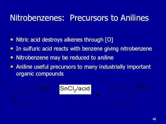 Nitrobenzenes: Precursors to Anilines Nitric acid destroys alkenes through [O] In sulfuric