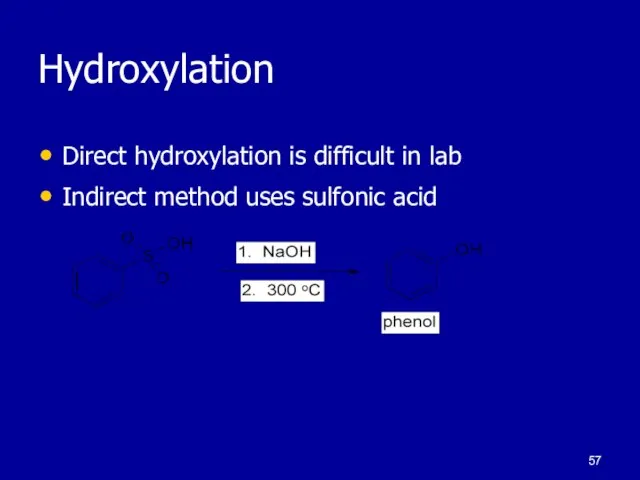 Hydroxylation Direct hydroxylation is difficult in lab Indirect method uses sulfonic acid