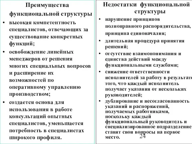 Преимущества функциональной структуры высокая компетентность специалистов, отвечающих за существование конкретных функций; освобождение