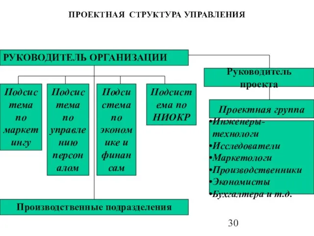 ПРОЕКТНАЯ СТРУКТУРА УПРАВЛЕНИЯ РУКОВОДИТЕЛЬ ОРГАНИЗАЦИИ Подсистема по маркетингу Подсистема по управлению персоналом