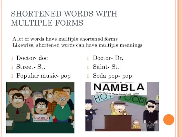 SHORTENED WORDS WITH MULTIPLE FORMS Doctor- doc Street- St. Popular music- pop