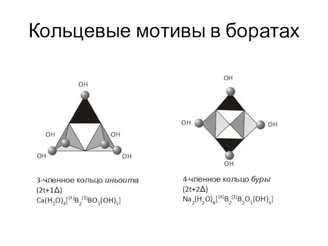 Кольцевые мотивы в боратах 3-членное кольцо иньоита (2t+1Δ) Ca(H2O)4[(4)B2(3)BO3(OH)5] 4-членное кольцо буры