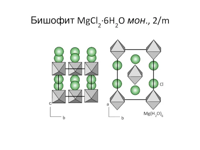 Бишофит MgCl2·6H2O мон., 2/m с b a b Mg(H2O)6 Cl