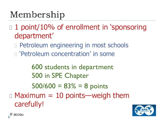 Membership 1 point/10% of enrollment in ‘sponsoring department’ Petroleum engineering in most