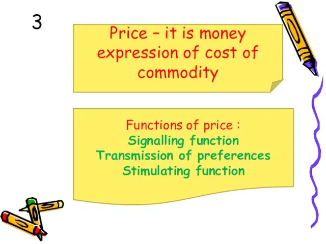 3 Price – it is money expression of cost of commodity Functions