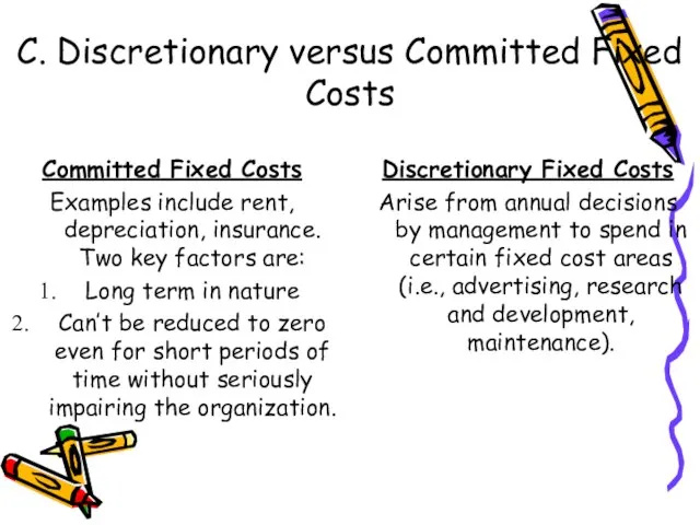 C. Discretionary versus Committed Fixed Costs Committed Fixed Costs Examples include rent,