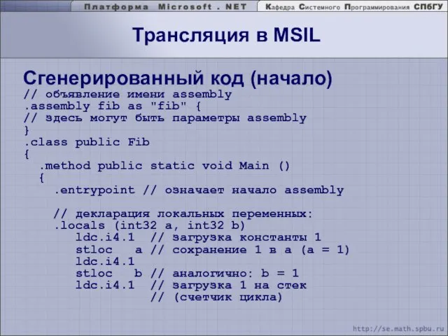 Трансляция в MSIL Сгенерированный код (начало) // объявление имени assembly .assembly fib