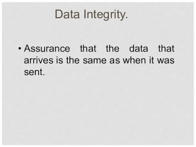 Data Integrity. Assurance that the data that arrives is the same as when it was sent.