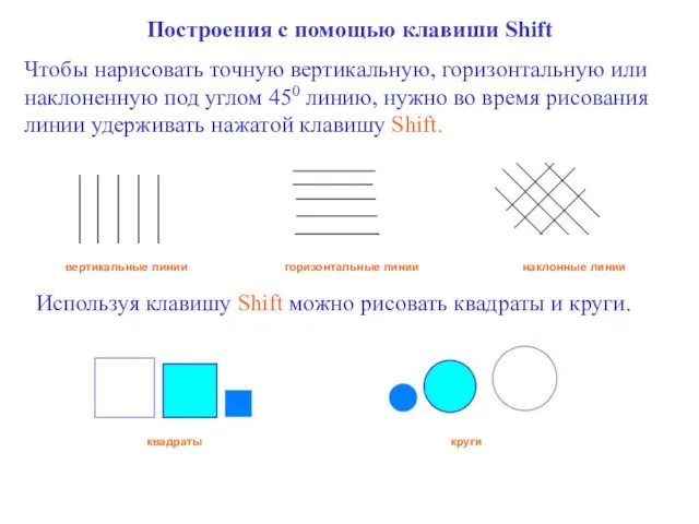 Построения с помощью клавиши Shift Чтобы нарисовать точную вертикальную, горизонтальную или наклоненную