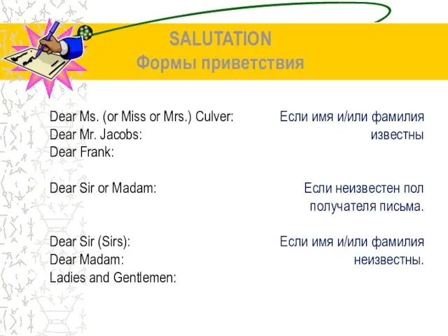 SALUTATION Формы приветствия Dear Ms. (or Miss or Mrs.) Culver: Dear Mr.
