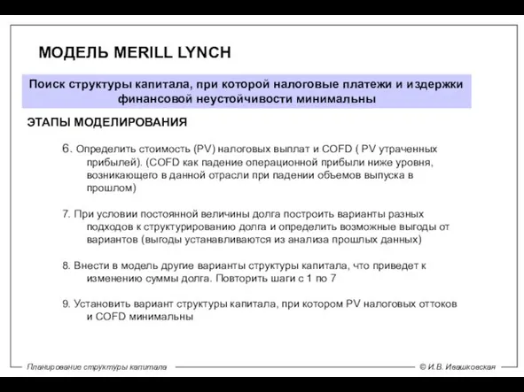 МОДЕЛЬ MERILL LYNCH Поиск структуры капитала, при которой налоговые платежи и издержки