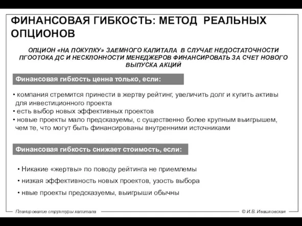 ФИНАНСОВАЯ ГИБКОСТЬ: МЕТОД РЕАЛЬНЫХ ОПЦИОНОВ Финансовая гибкость ценна только, если: компания стремится