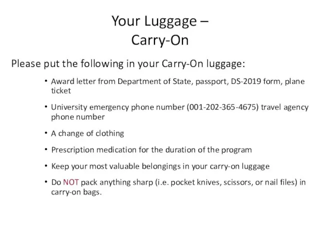 Your Luggage – Carry-On Please put the following in your Carry-On luggage: