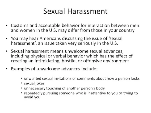 Sexual Harassment Customs and acceptable behavior for interaction between men and women