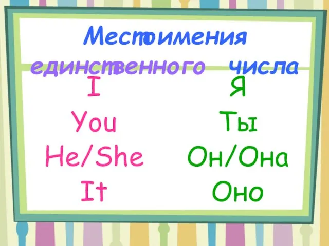 Местоимения единственного числа I You He/She It Я Ты Он/Она Оно