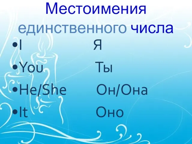 Местоимения единственного числа I Я You Ты He/She Он/Она It Оно