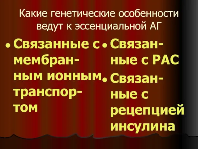 Какие генетические особенности ведут к эссенциальной АГ Связанные с мембран-ным ионным транспор-том