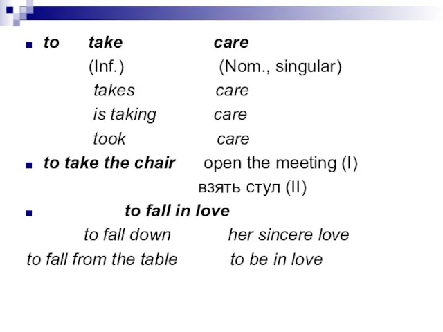 to take care (Inf.) (Nom., singular) takes care is taking care took