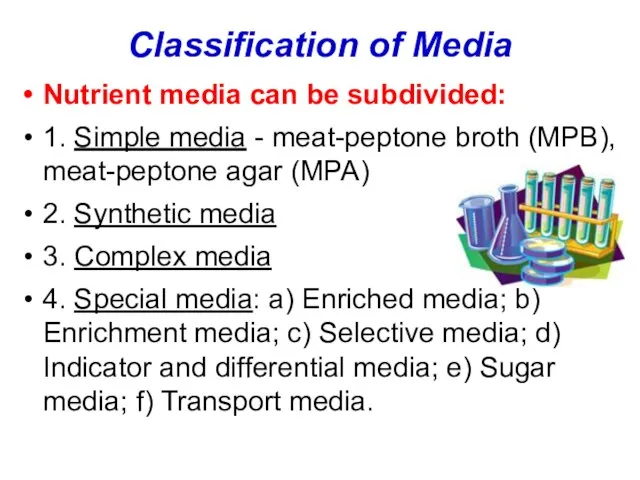 Classification of Media Nutrient media can be subdivided: 1. Simple media -