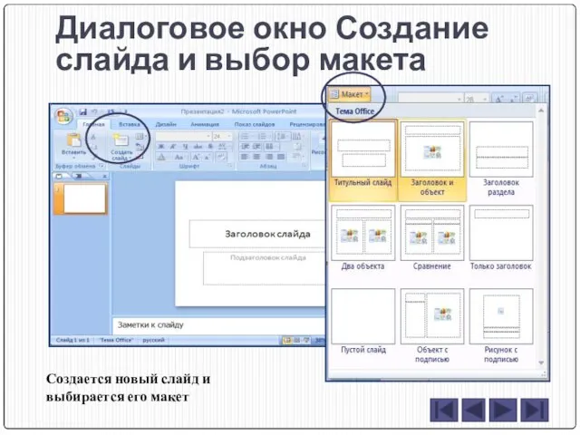 Диалоговое окно Создание слайда и выбор макета Создается новый слайд и выбирается его макет