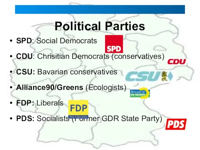 Political Parties SPD: Social Democrats CDU: Chrisitian Democrats (conservatives) CSU: Bavarian conservatives