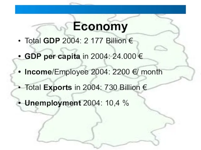 Economy Total GDP 2004: 2 177 Billion € GDP per capita in