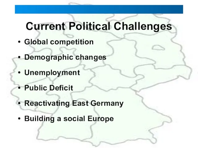 Current Political Challenges Global competition Demographic changes Unemployment Public Deficit Reactivating East